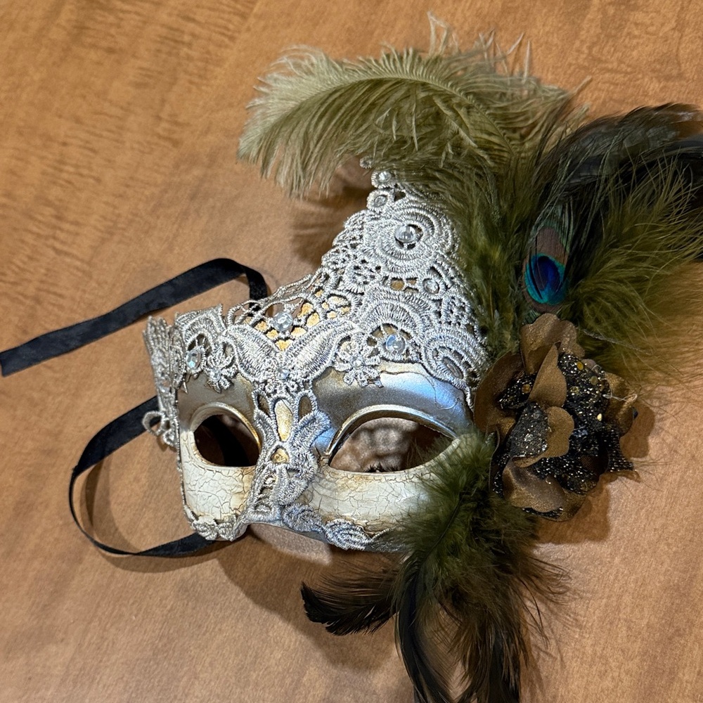 Elegant Silver Lace Masquerade Mask with Feathers